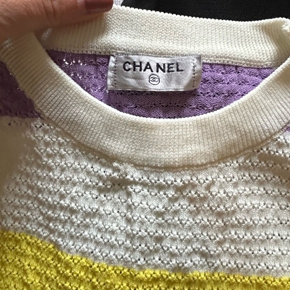 CHANEL Yellow and Purple Crew Neck Sweater